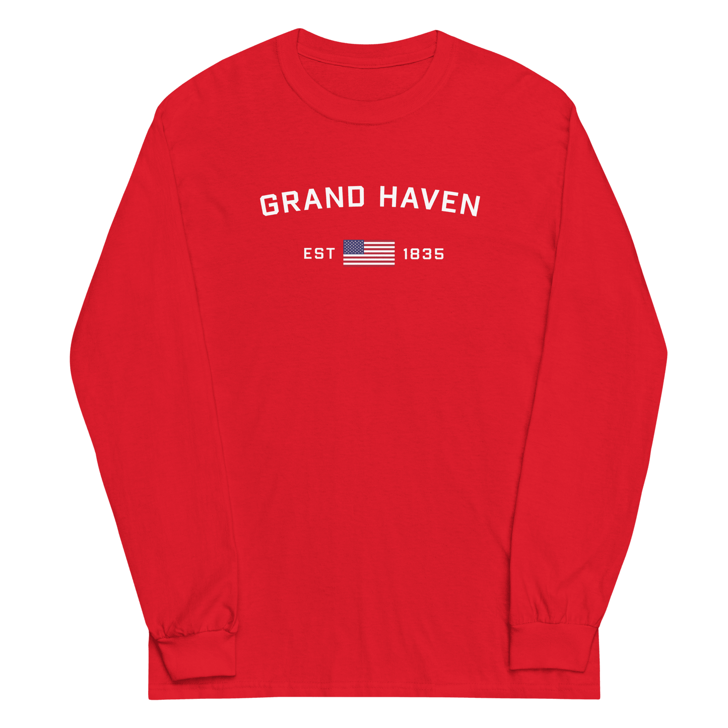 'Grand Haven EST 1835' T-Shirt (w/USA Flag Outline) | Unisex Long Sleeve - Circumspice Michigan