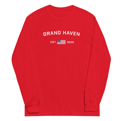 'Grand Haven EST 1835' T-Shirt (w/USA Flag Outline) | Unisex Long Sleeve - Circumspice Michigan