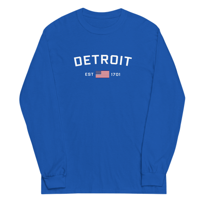 'Detroit EST 1701' T-Shirt (w/ USA Flag Outline) | Unisex Long Sleeve - Circumspice Michigan