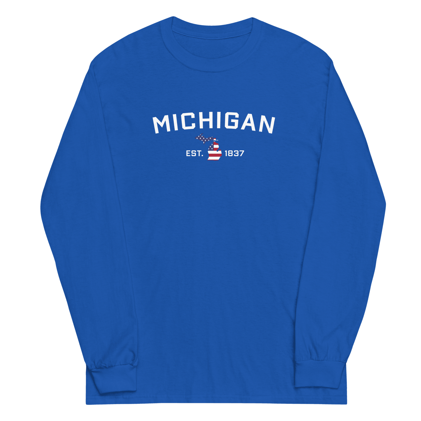 'Michigan EST 1837'  T-Shirt (w/ MI USA Flag Outline) | Unisex Long Sleeve - Circumspice Michigan