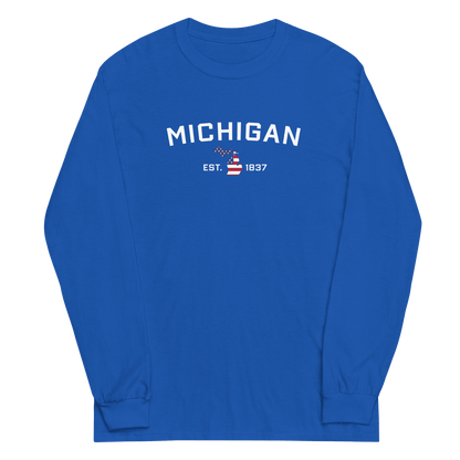 'Michigan EST 1837'  T-Shirt (w/ MI USA Flag Outline) | Unisex Long Sleeve - Circumspice Michigan