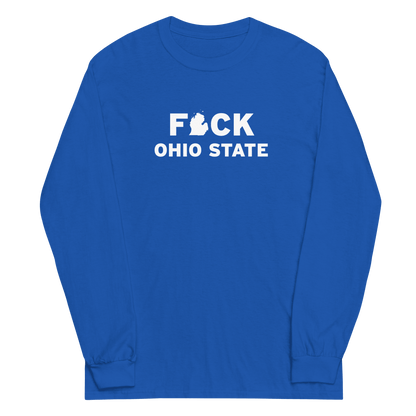 'F*ck Ohio State' T-Shirt (White/Navy Type w/ Lower Peninsula Outline ) | Unisex Long Sleeve - Circumspice Michigan