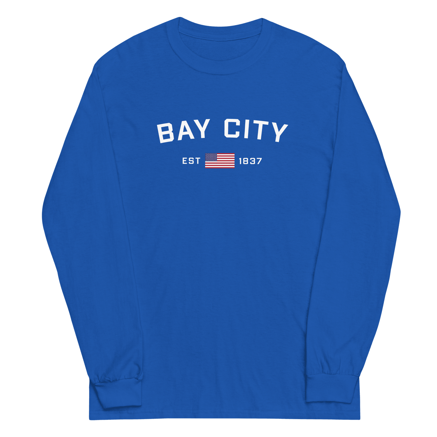 'Bay City EST 1837' T-Shirt (w/ USA Flag Outline) | Unisex Long Sleeve - Circumspice Michigan