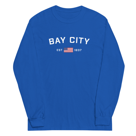 'Bay City EST 1837' T-Shirt (w/ USA Flag Outline) | Unisex Long Sleeve - Circumspice Michigan