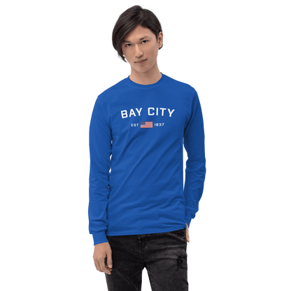 'Bay City EST 1837' T-Shirt (w/ USA Flag Outline) | Unisex Long Sleeve - Circumspice Michigan