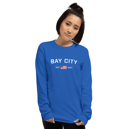 'Bay City EST 1837' T-Shirt (w/ USA Flag Outline) | Unisex Long Sleeve - Circumspice Michigan