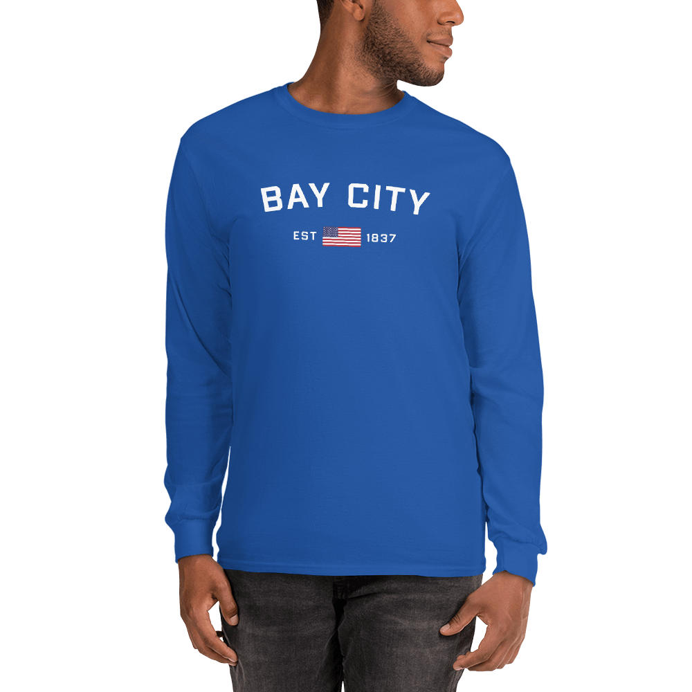 'Bay City EST 1837' T-Shirt (w/ USA Flag Outline) | Unisex Long Sleeve - Circumspice Michigan