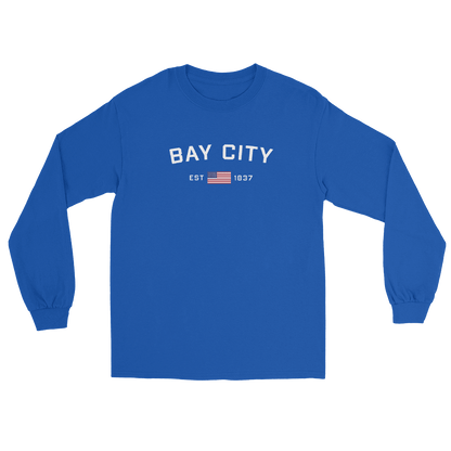 'Bay City EST 1837' T-Shirt (w/ USA Flag Outline) | Unisex Long Sleeve - Circumspice Michigan