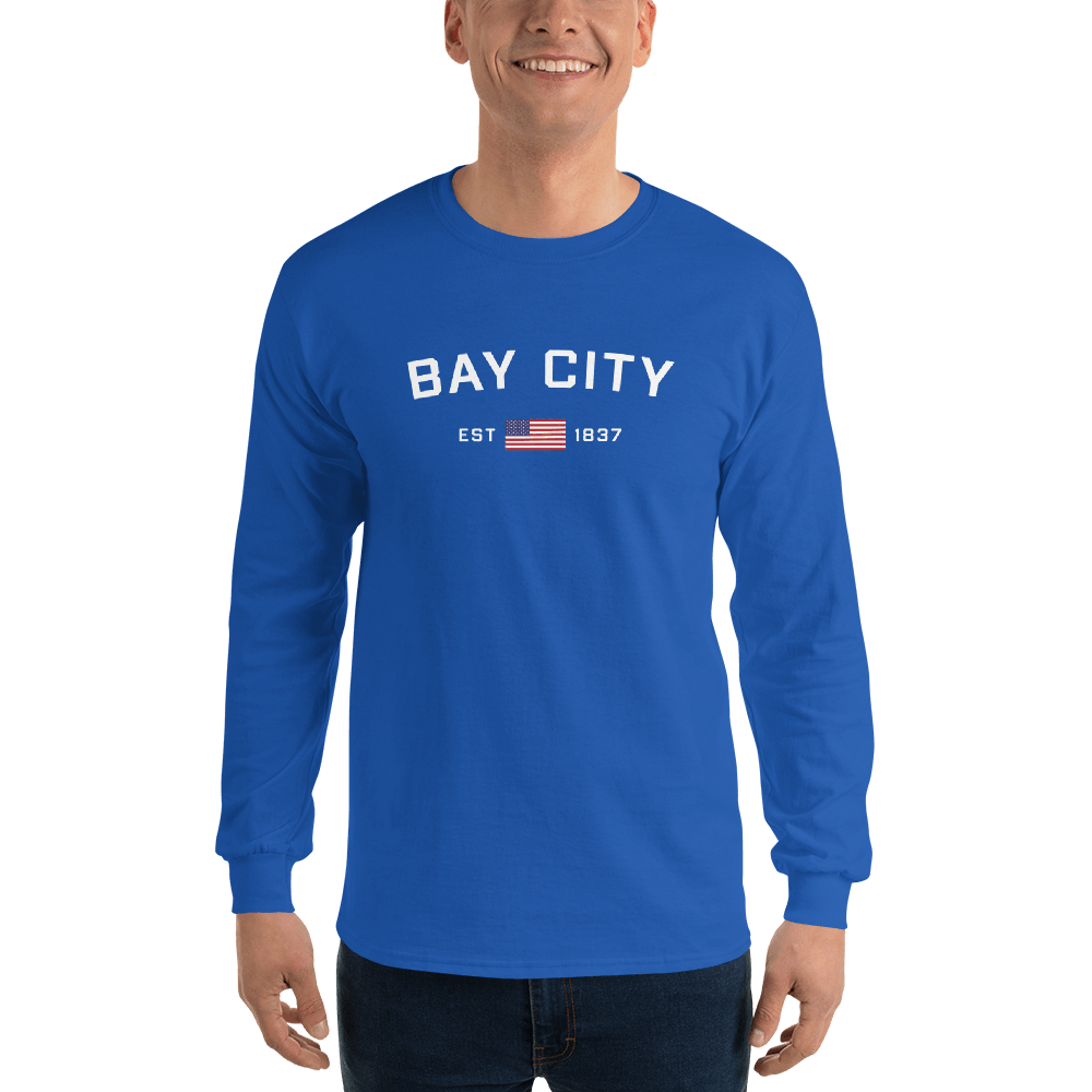 'Bay City EST 1837' T-Shirt (w/ USA Flag Outline) | Unisex Long Sleeve - Circumspice Michigan