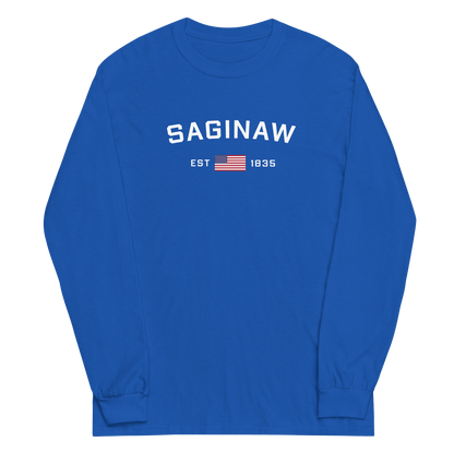 'Saginaw EST 1835' T-Shirt (w/USA Flag Outline) | Unisex Long Sleeve - Circumspice Michigan