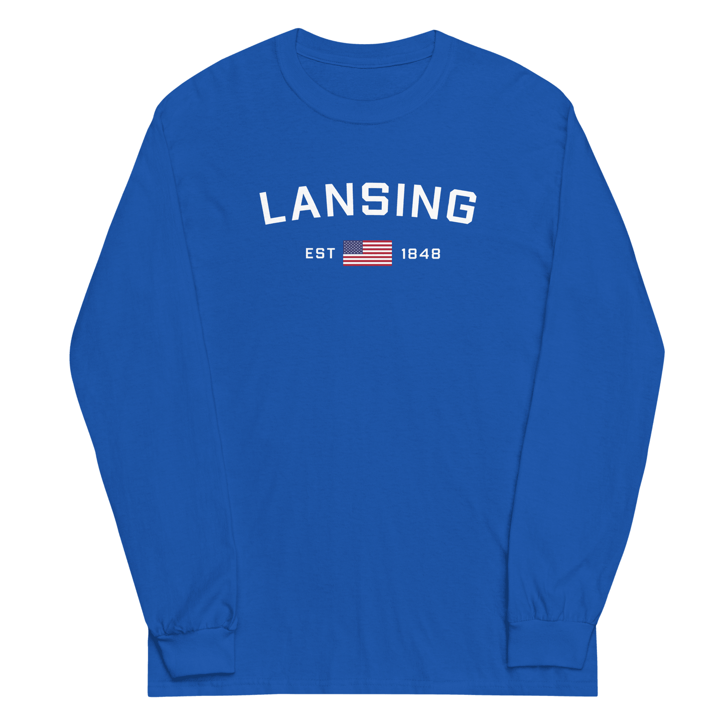 'Lansing EST 1848' T-Shirt (w/USA Flag Outline) | Unisex Long Sleeve - Circumspice Michigan