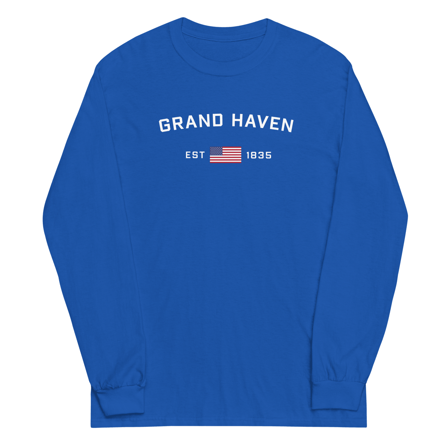 'Grand Haven EST 1835' T-Shirt (w/USA Flag Outline) | Unisex Long Sleeve - Circumspice Michigan