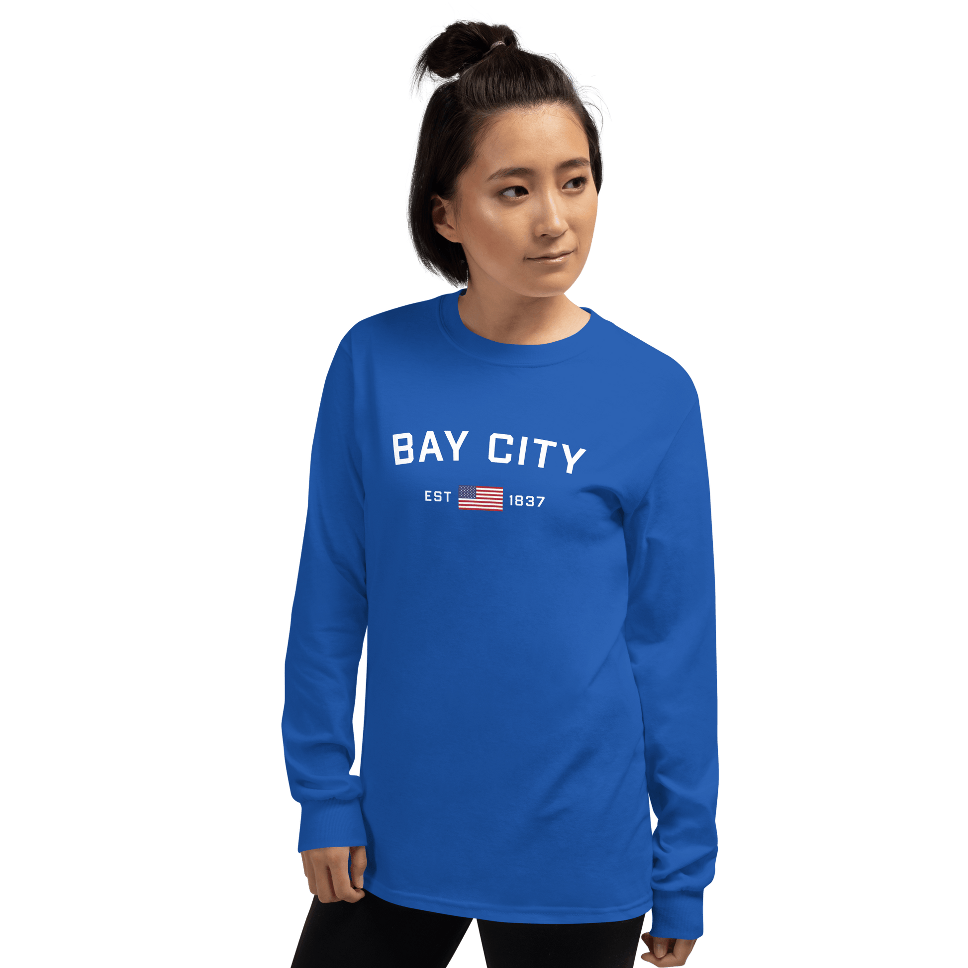 'Bay City EST 1837' T-Shirt (w/ USA Flag Outline) | Unisex Long Sleeve - Circumspice Michigan