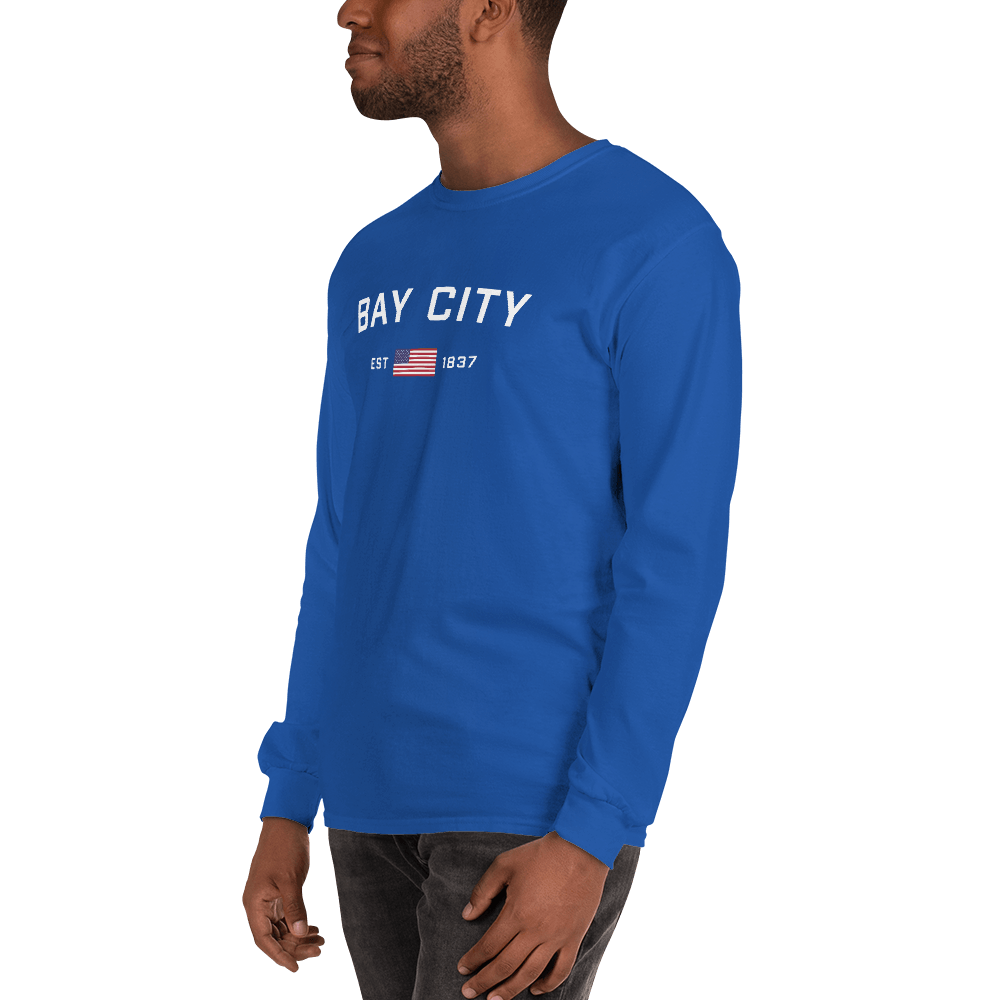 'Bay City EST 1837' T-Shirt (w/ USA Flag Outline) | Unisex Long Sleeve - Circumspice Michigan