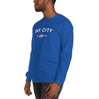 'Bay City EST 1837' T-Shirt (w/ USA Flag Outline) | Unisex Long Sleeve - Circumspice Michigan