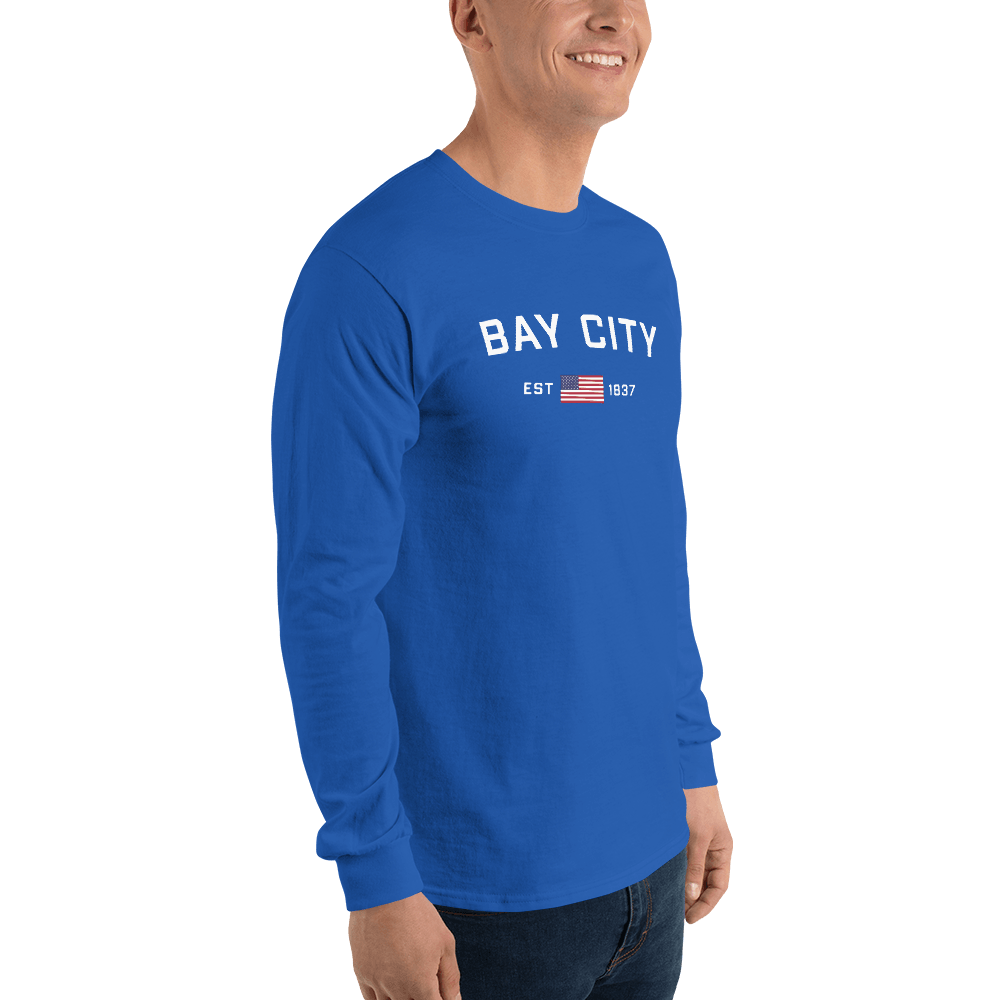 'Bay City EST 1837' T-Shirt (w/ USA Flag Outline) | Unisex Long Sleeve - Circumspice Michigan