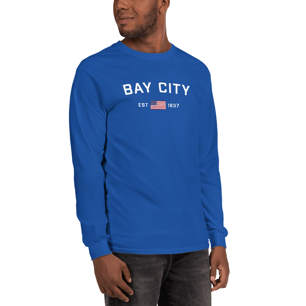 'Bay City EST 1837' T-Shirt (w/ USA Flag Outline) | Unisex Long Sleeve - Circumspice Michigan