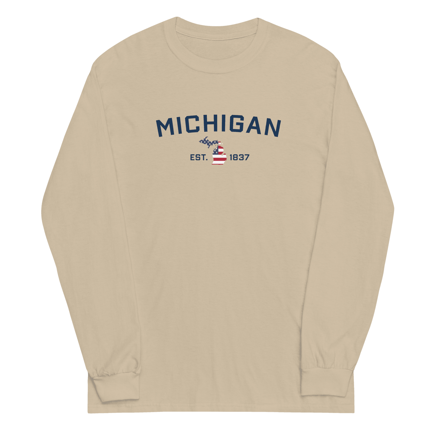 'Michigan EST 1837'  T-Shirt (w/ MI USA Flag Outline) | Unisex Long Sleeve - Circumspice Michigan