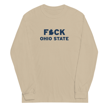 'F*ck Ohio State' T-Shirt (White/Navy Type w/ Lower Peninsula Outline ) | Unisex Long Sleeve - Circumspice Michigan