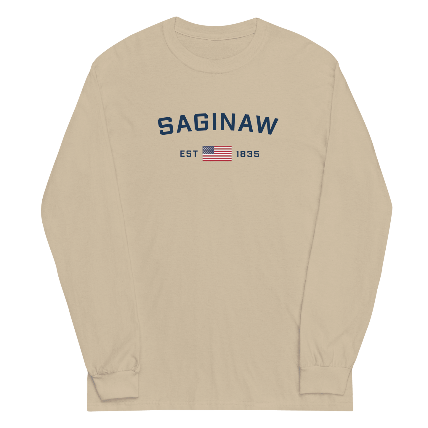 'Saginaw EST 1835' T-Shirt (w/USA Flag Outline) | Unisex Long Sleeve - Circumspice Michigan