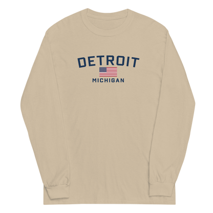 'Detroit Michigan' T-Shirt (w/USA Flag Outline) | Unisex Long Sleeve - Circumspice Michigan