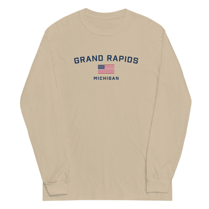 'Grand Rapids Michigan' T-Shirt (w/USA Flag Outline) | Unisex Long Sleeve - Circumspice Michigan