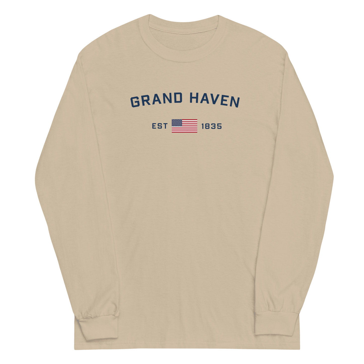 'Grand Haven EST 1835' T-Shirt (w/USA Flag Outline) | Unisex Long Sleeve - Circumspice Michigan