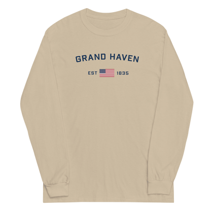 'Grand Haven EST 1835' T-Shirt (w/USA Flag Outline) | Unisex Long Sleeve - Circumspice Michigan