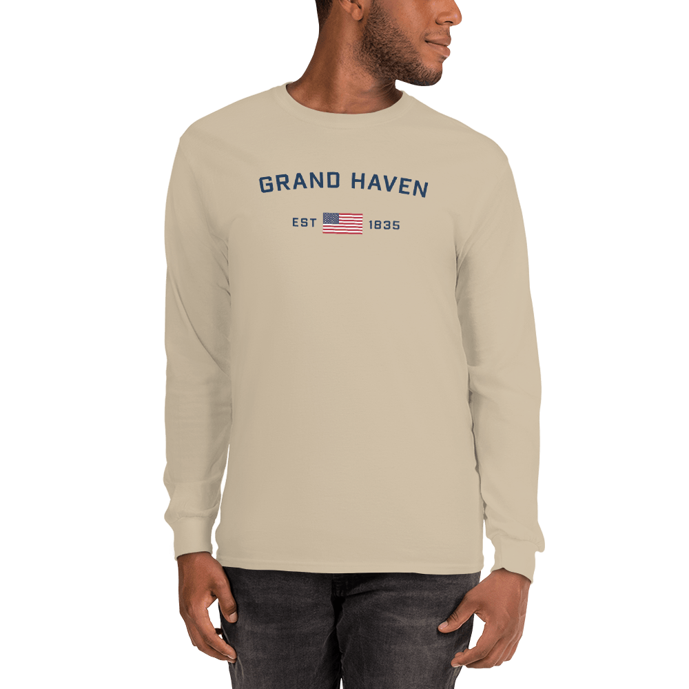 'Grand Haven EST 1835' T-Shirt (w/USA Flag Outline) | Unisex Long Sleeve - Circumspice Michigan