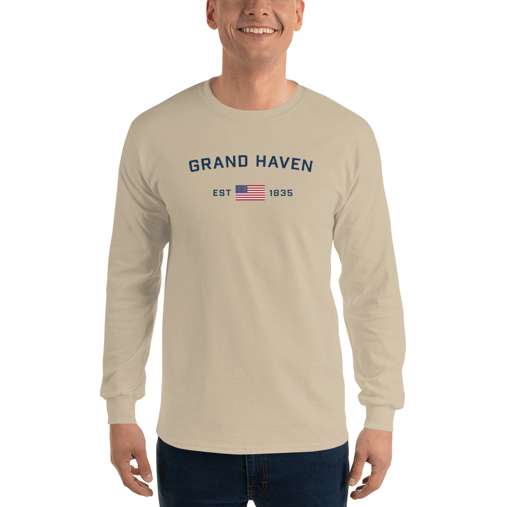 'Grand Haven EST 1835' T-Shirt (w/USA Flag Outline) | Unisex Long Sleeve - Circumspice Michigan