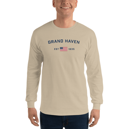 'Grand Haven EST 1835' T-Shirt (w/USA Flag Outline) | Unisex Long Sleeve - Circumspice Michigan