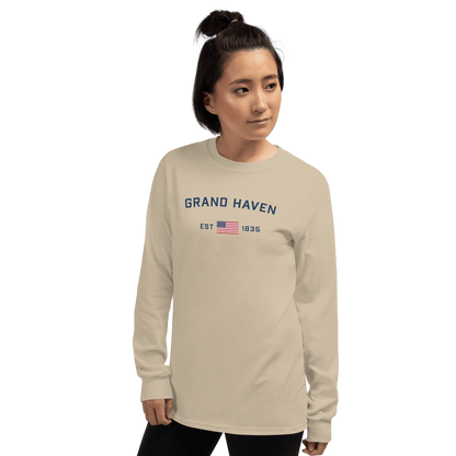 'Grand Haven EST 1835' T-Shirt (w/USA Flag Outline) | Unisex Long Sleeve - Circumspice Michigan