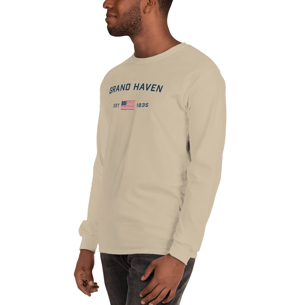 'Grand Haven EST 1835' T-Shirt (w/USA Flag Outline) | Unisex Long Sleeve - Circumspice Michigan