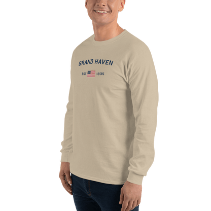 'Grand Haven EST 1835' T-Shirt (w/USA Flag Outline) | Unisex Long Sleeve - Circumspice Michigan