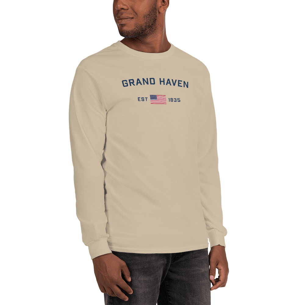 'Grand Haven EST 1835' T-Shirt (w/USA Flag Outline) | Unisex Long Sleeve - Circumspice Michigan