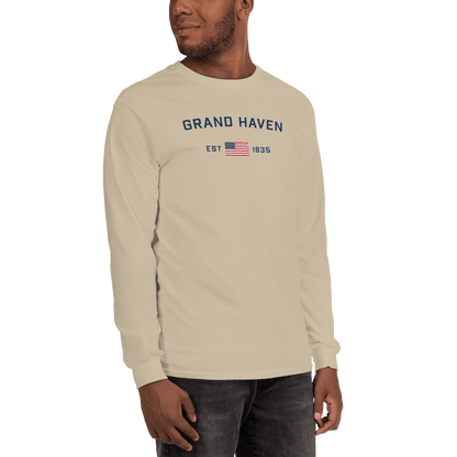 'Grand Haven EST 1835' T-Shirt (w/USA Flag Outline) | Unisex Long Sleeve - Circumspice Michigan