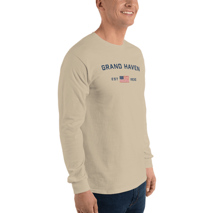 'Grand Haven EST 1835' T-Shirt (w/USA Flag Outline) | Unisex Long Sleeve - Circumspice Michigan