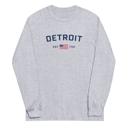 'Detroit EST 1701' T-Shirt (w/ USA Flag Outline) | Unisex Long Sleeve - Circumspice Michigan