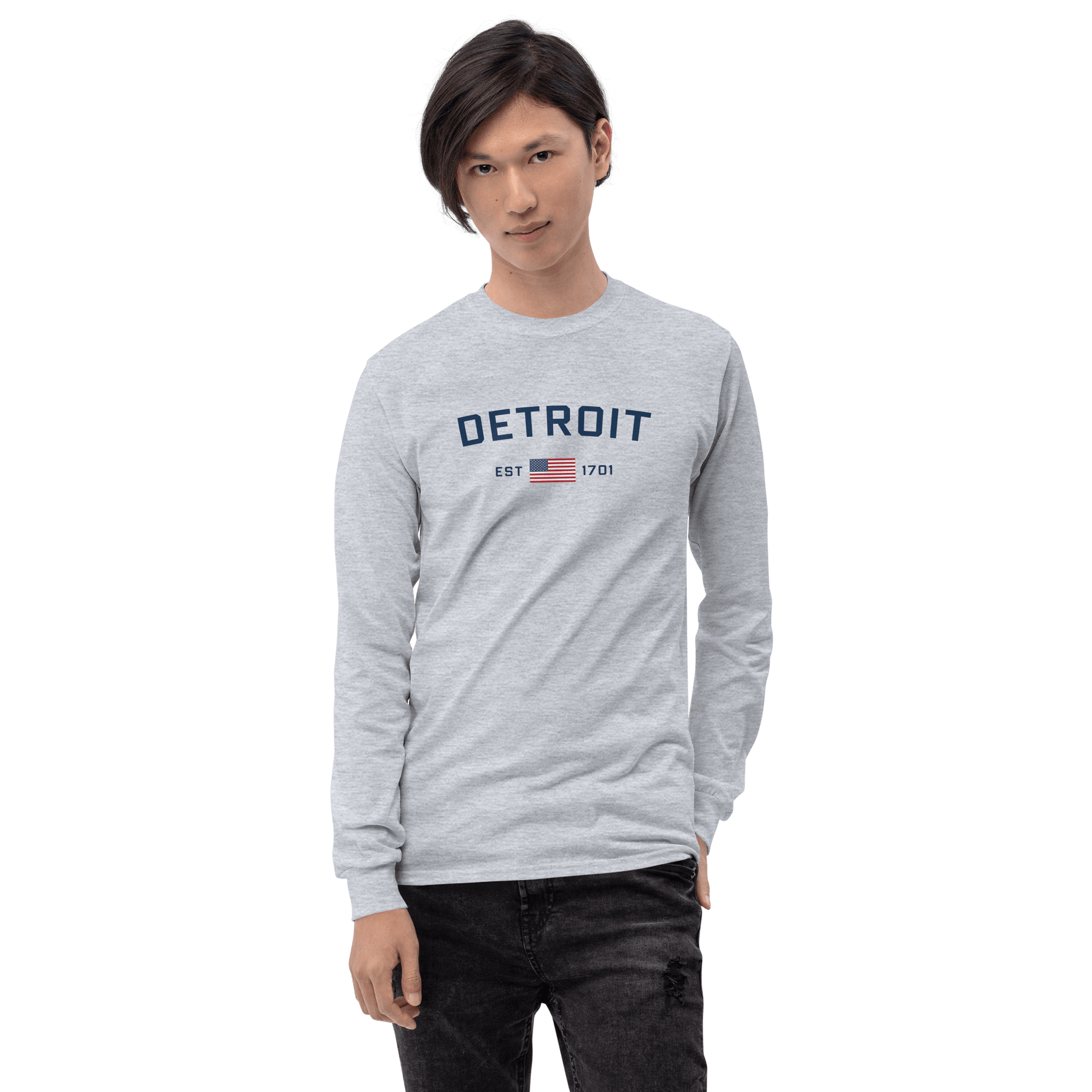 'Detroit EST 1701' T-Shirt (w/ USA Flag Outline) | Unisex Long Sleeve - Circumspice Michigan