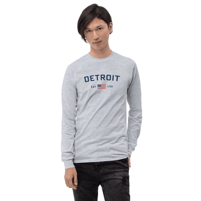 'Detroit EST 1701' T-Shirt (w/ USA Flag Outline) | Unisex Long Sleeve - Circumspice Michigan