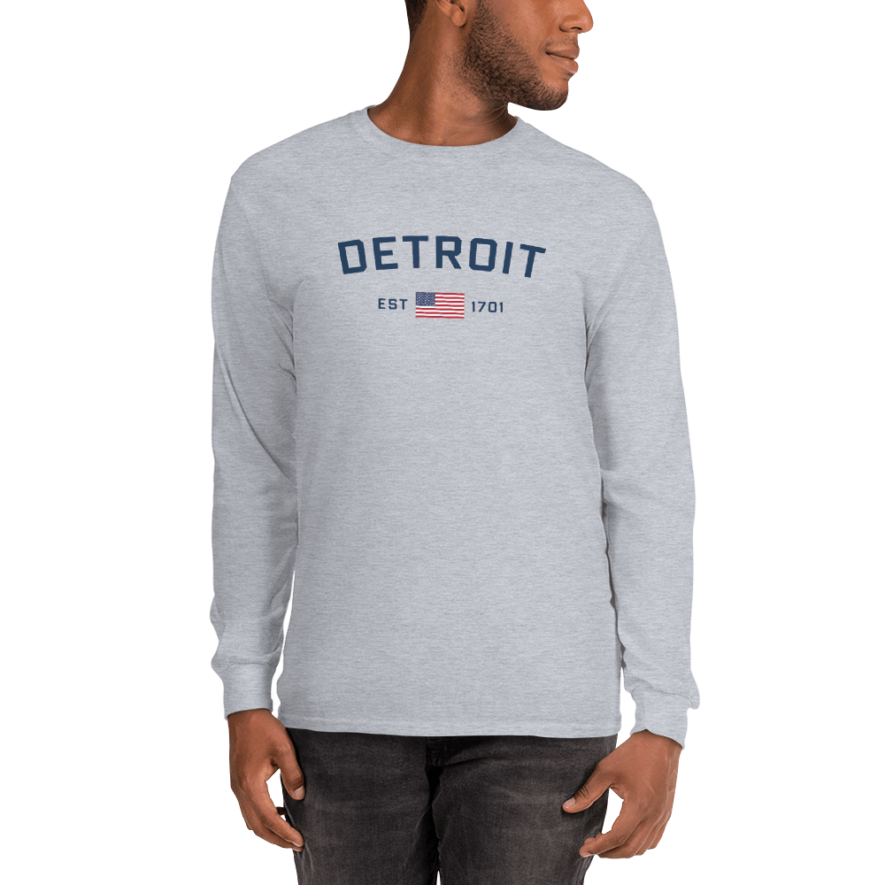 'Detroit EST 1701' T-Shirt (w/ USA Flag Outline) | Unisex Long Sleeve - Circumspice Michigan