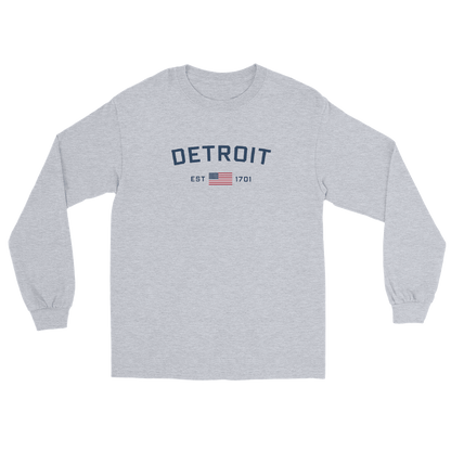 'Detroit EST 1701' T-Shirt (w/ USA Flag Outline) | Unisex Long Sleeve - Circumspice Michigan