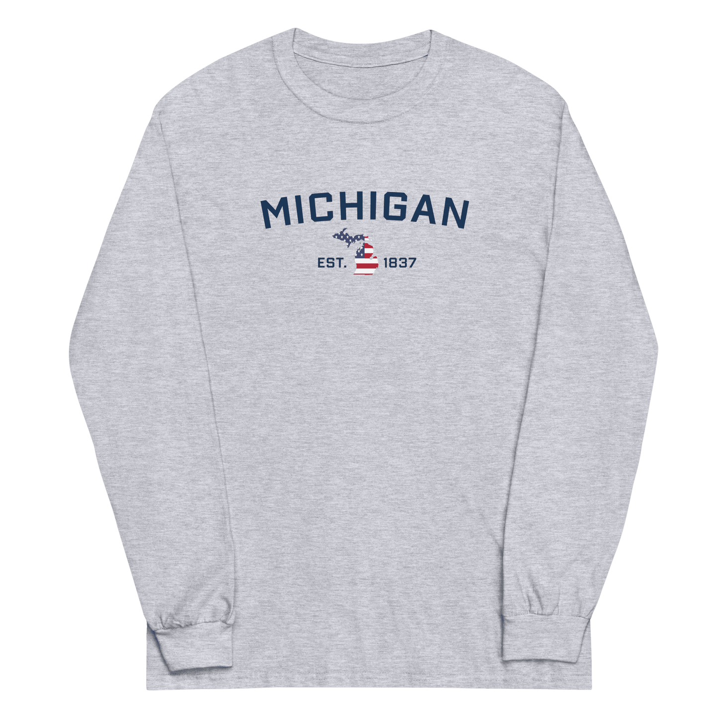 'Michigan EST 1837'  T-Shirt (w/ MI USA Flag Outline) | Unisex Long Sleeve - Circumspice Michigan