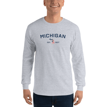 'Michigan EST 1837'  T-Shirt (w/ MI USA Flag Outline) | Unisex Long Sleeve - Circumspice Michigan