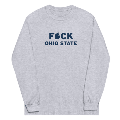 'F*ck Ohio State' T-Shirt (White/Navy Type w/ Lower Peninsula Outline ) | Unisex Long Sleeve - Circumspice Michigan