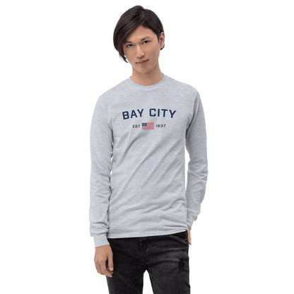 'Bay City EST 1837' T-Shirt (w/ USA Flag Outline) | Unisex Long Sleeve - Circumspice Michigan