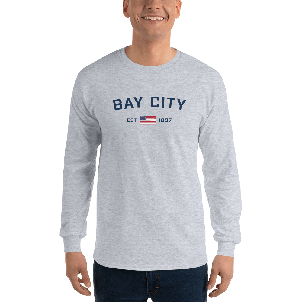 'Bay City EST 1837' T-Shirt (w/ USA Flag Outline) | Unisex Long Sleeve - Circumspice Michigan