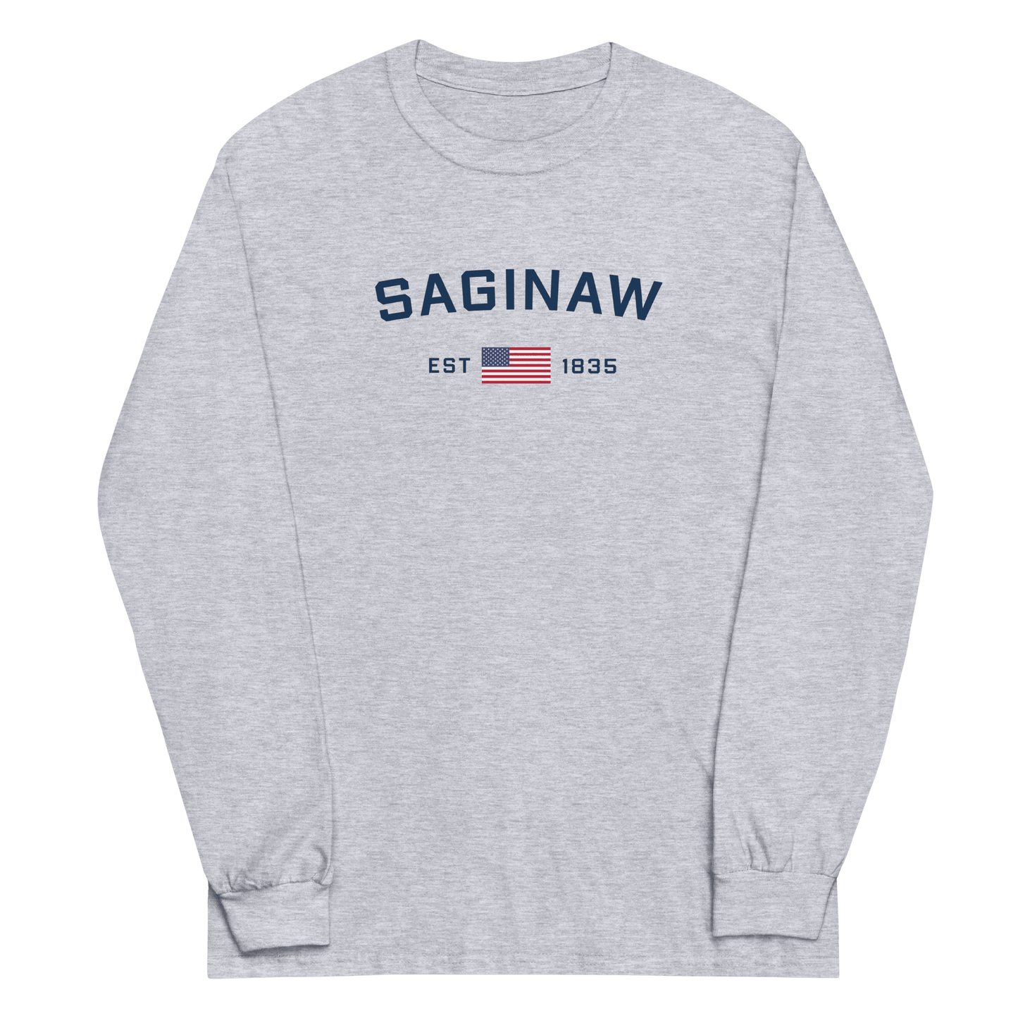 'Saginaw EST 1835' T-Shirt (w/USA Flag Outline) | Unisex Long Sleeve - Circumspice Michigan