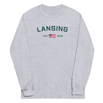 'Lansing EST 1848' T-Shirt (w/USA Flag Outline) | Unisex Long Sleeve - Circumspice Michigan