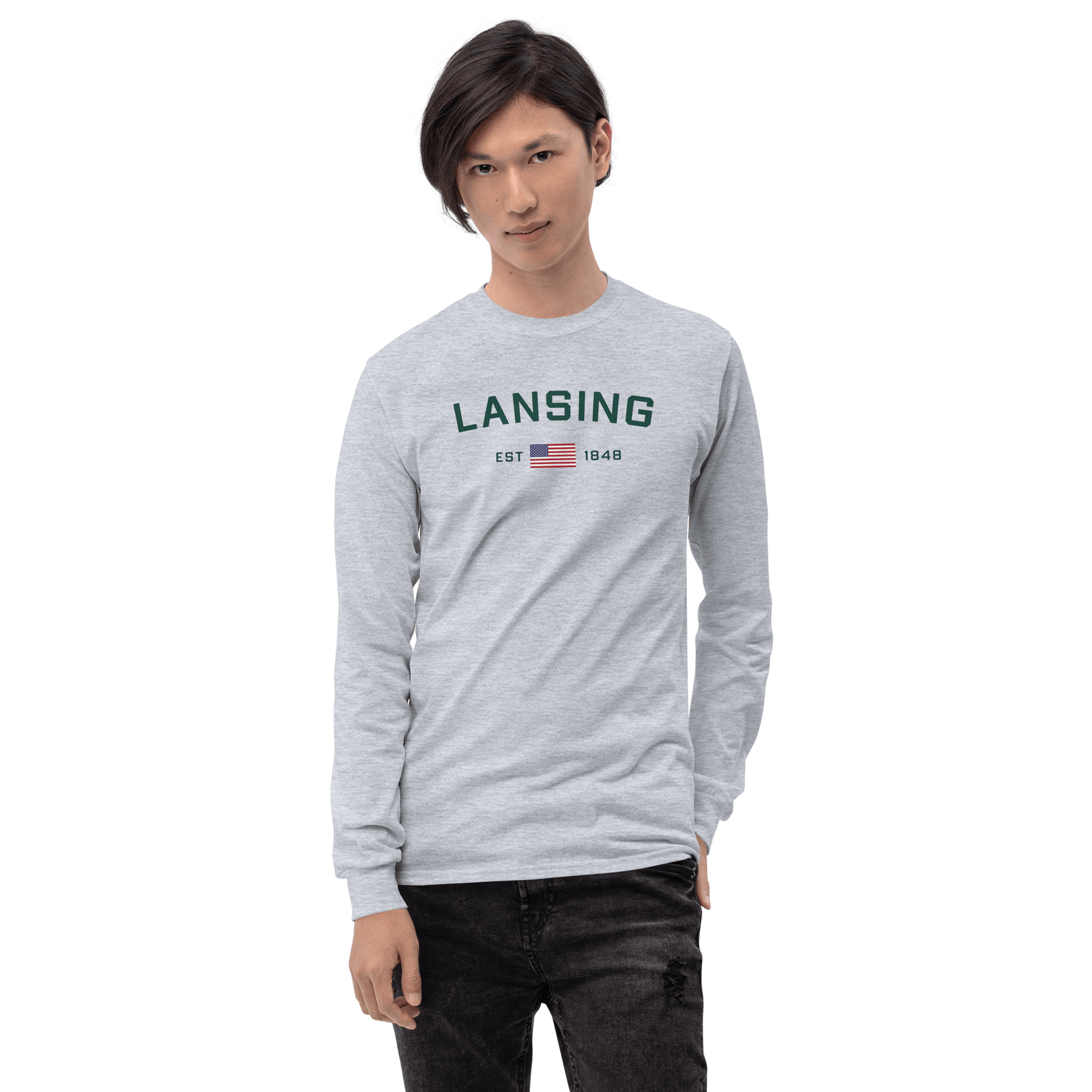 'Lansing EST 1848' T-Shirt (w/USA Flag Outline) | Unisex Long Sleeve - Circumspice Michigan